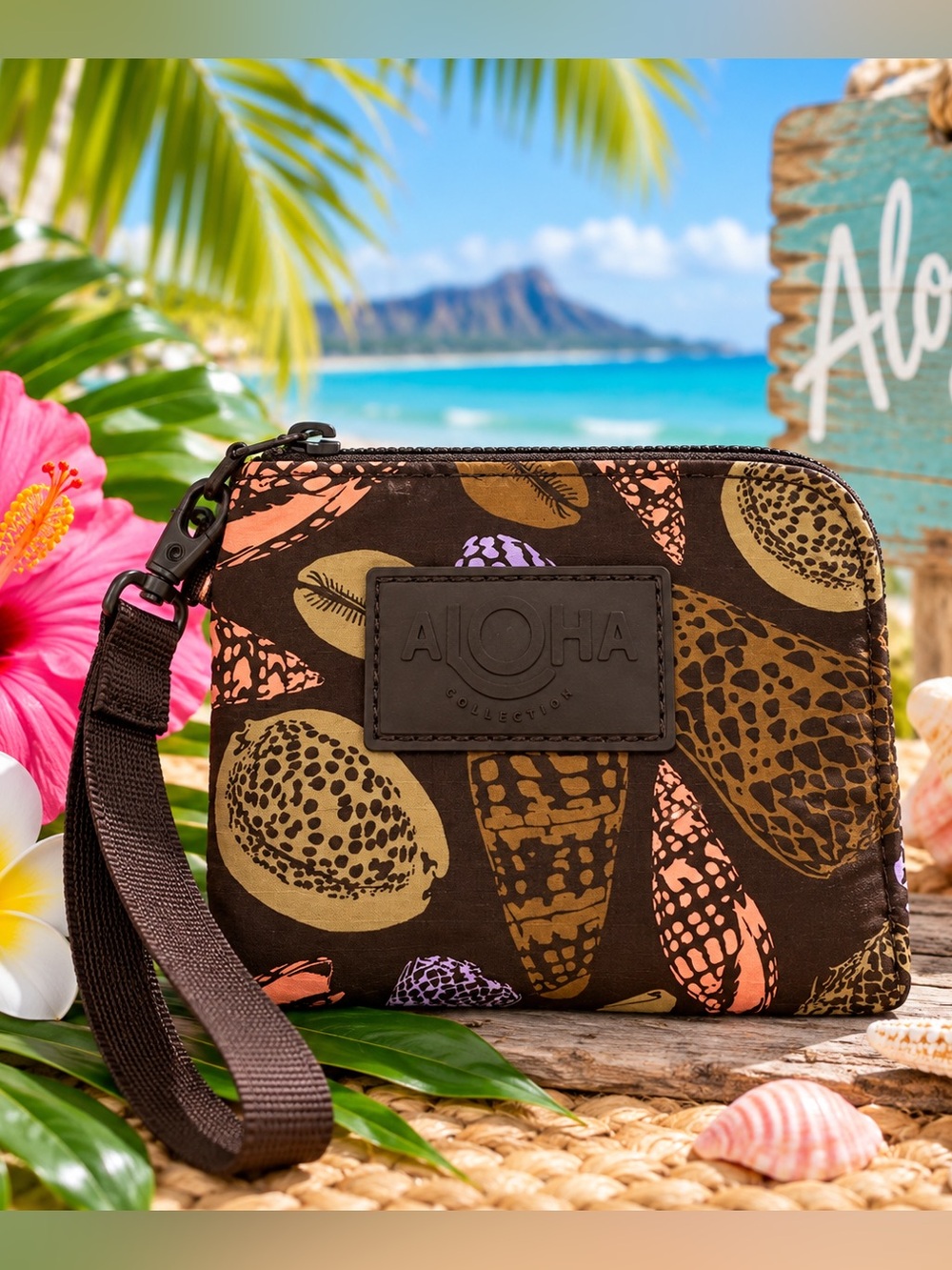 ALOHA Collection Go-To Wristlet – Conch Shell Print Brown Multi Splash-Proof NWT